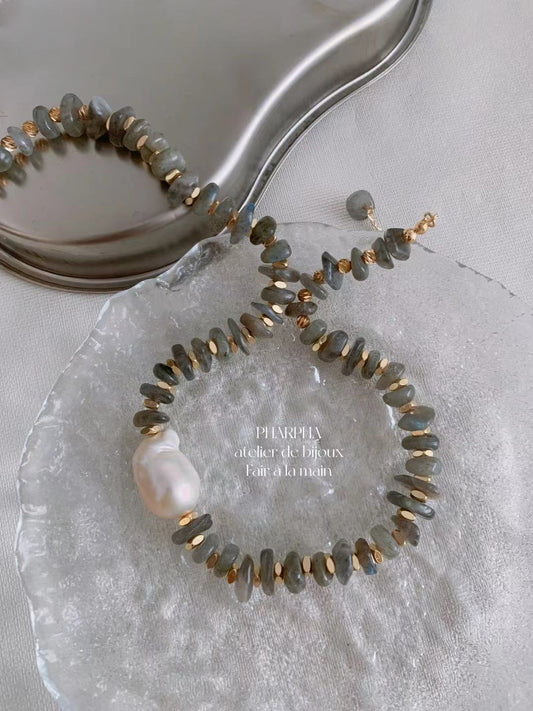 Grey Gold Baroque Pearl Beaded Necklace
