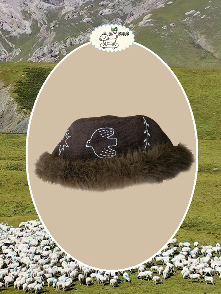 Hand-Embroidered Bird Plush Bucket Hat