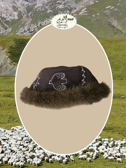 Hand-Embroidered Bird Plush Bucket Hat