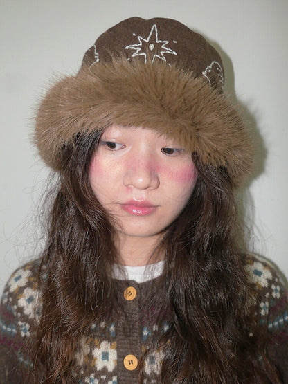 Hand-Embroidered Bird Plush Bucket Hat