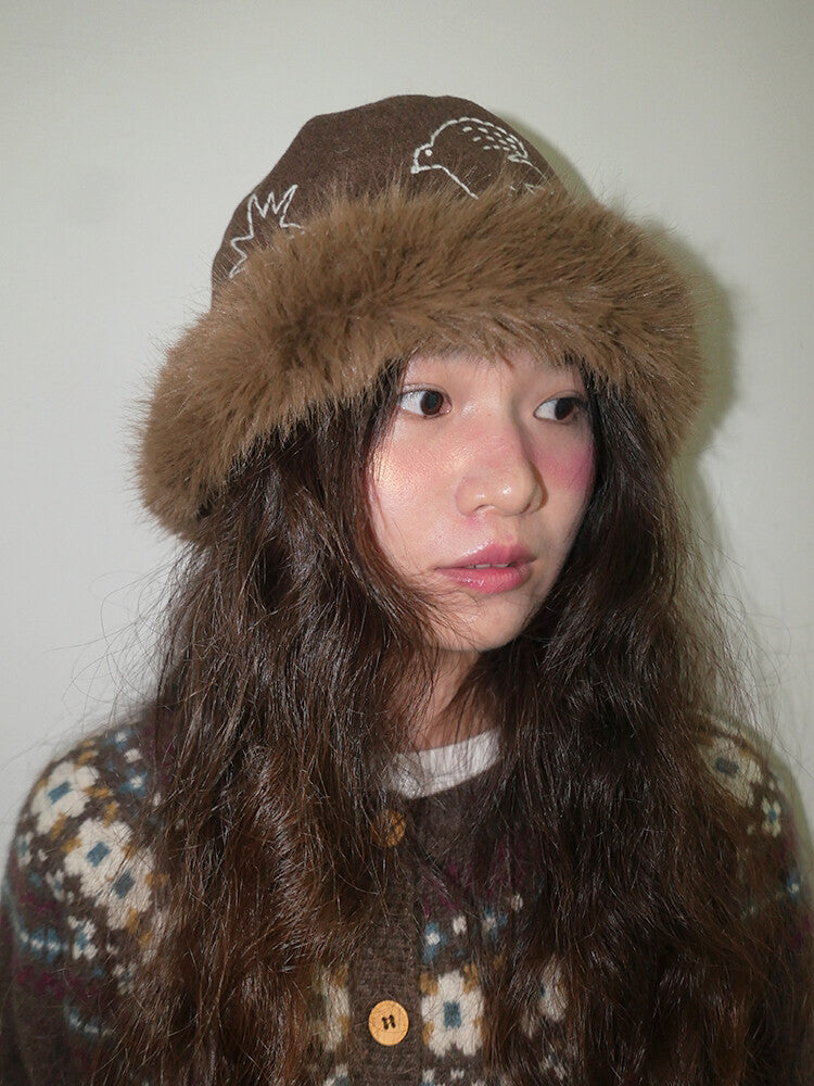 Hand-Embroidered Bird Plush Bucket Hat