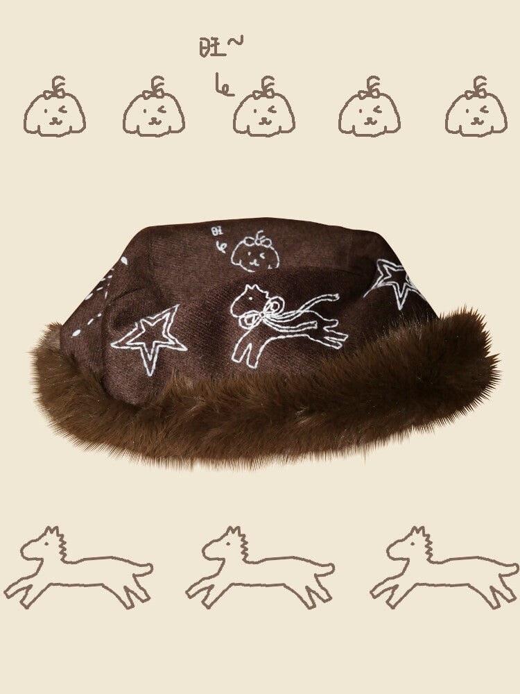 Hand-Embroidered Pony Plush Bucket Hat