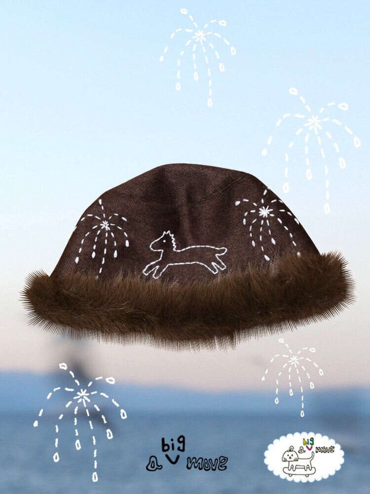 Hand-Embroidered Pony Plush Bucket Hat