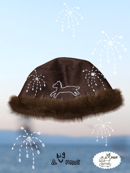 Hand-Embroidered Pony Plush Bucket Hat