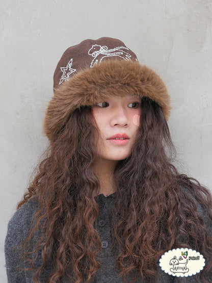 Hand-Embroidered Pony Plush Bucket Hat