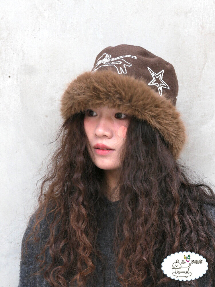 Hand-Embroidered Pony Plush Bucket Hat