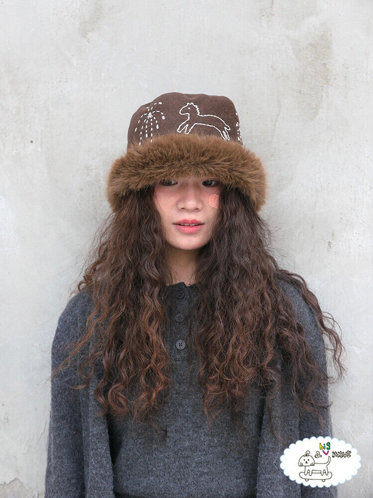 Hand-Embroidered Pony Plush Bucket Hat