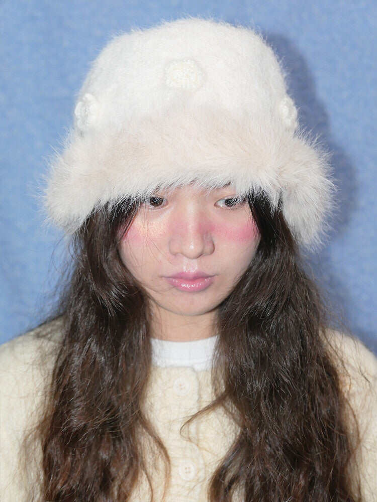 Hand-Embroidered White Plush Bucket Hat