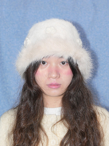 Hand-Embroidered White Plush Bucket Hat