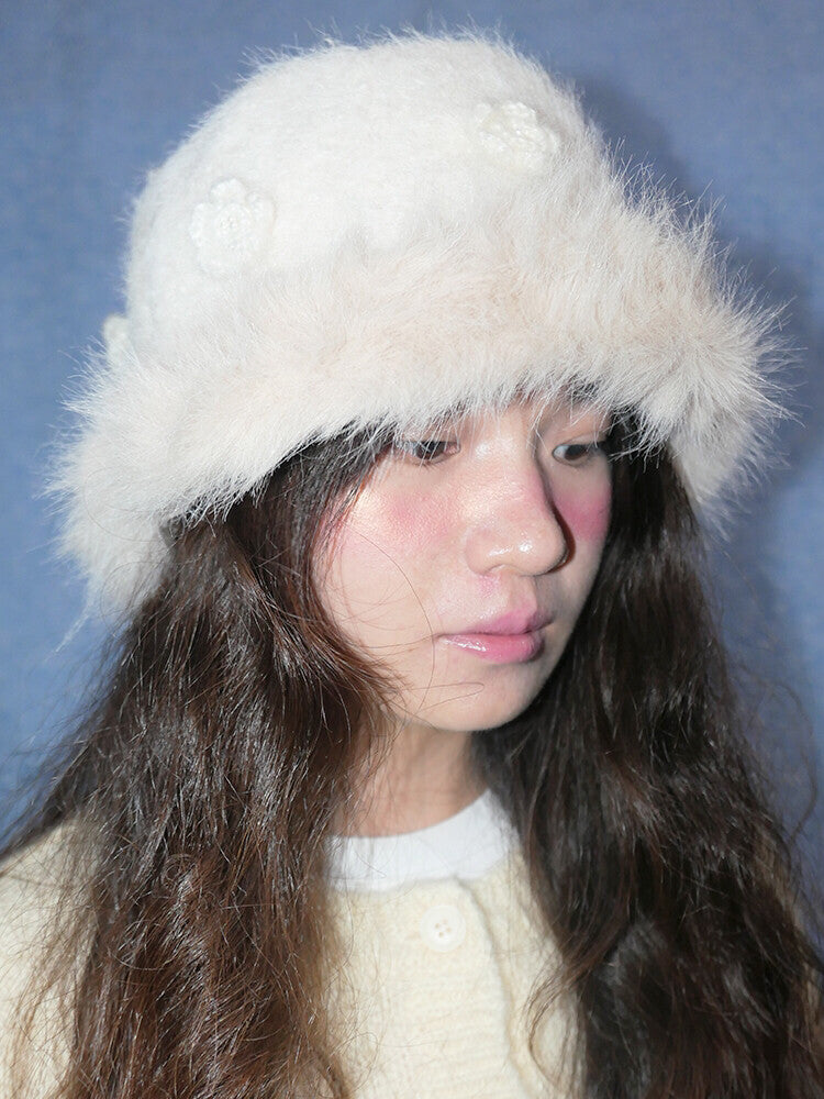 Hand-Embroidered White Plush Bucket Hat
