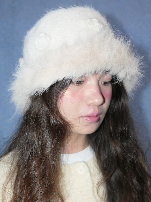 Hand-Embroidered White Plush Bucket Hat