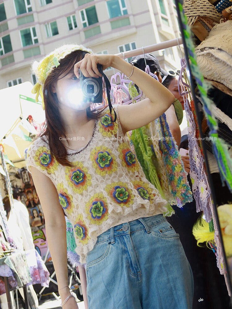 Handmade 3D Multicolor Floral Crochet Top