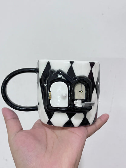 Handmade Black Plaid Monkey Ceramic Cup