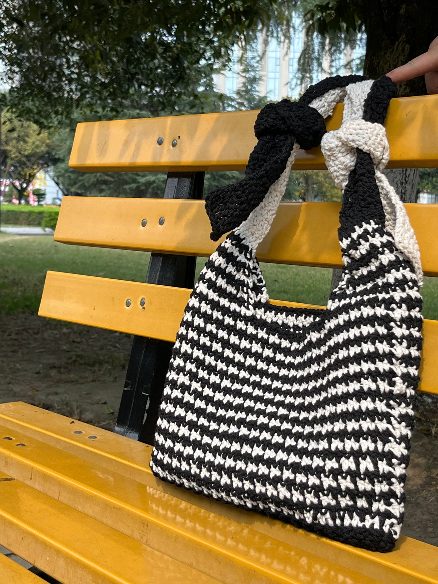 Handmade Black White Crochet Shoulder Bag