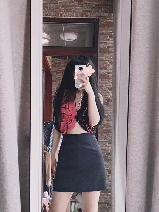 Handmade Crochet Black Red Butterfly Crop Top