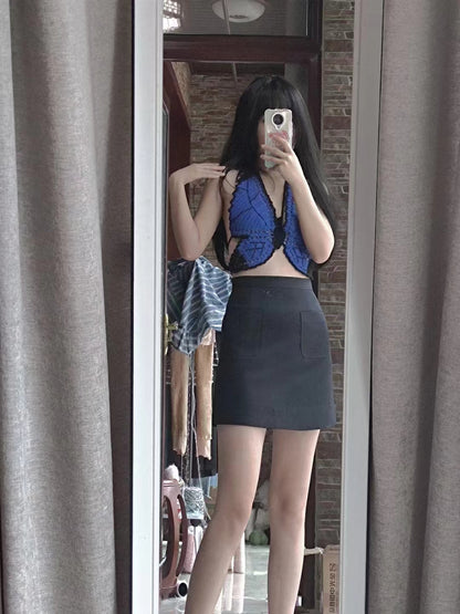 Handmade Crochet Blue Black Butterfly Crop Top