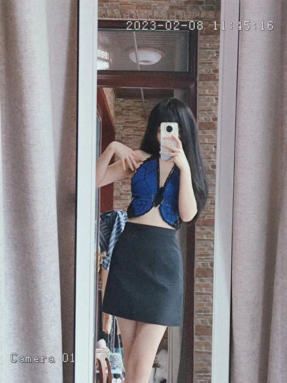 Handmade Crochet Blue Black Butterfly Crop Top
