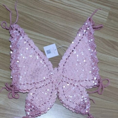Handmade Crochet Sequins Butterfly Crop Top