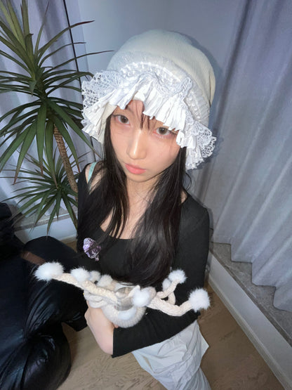 Handmade Lace Ruffle Beanie