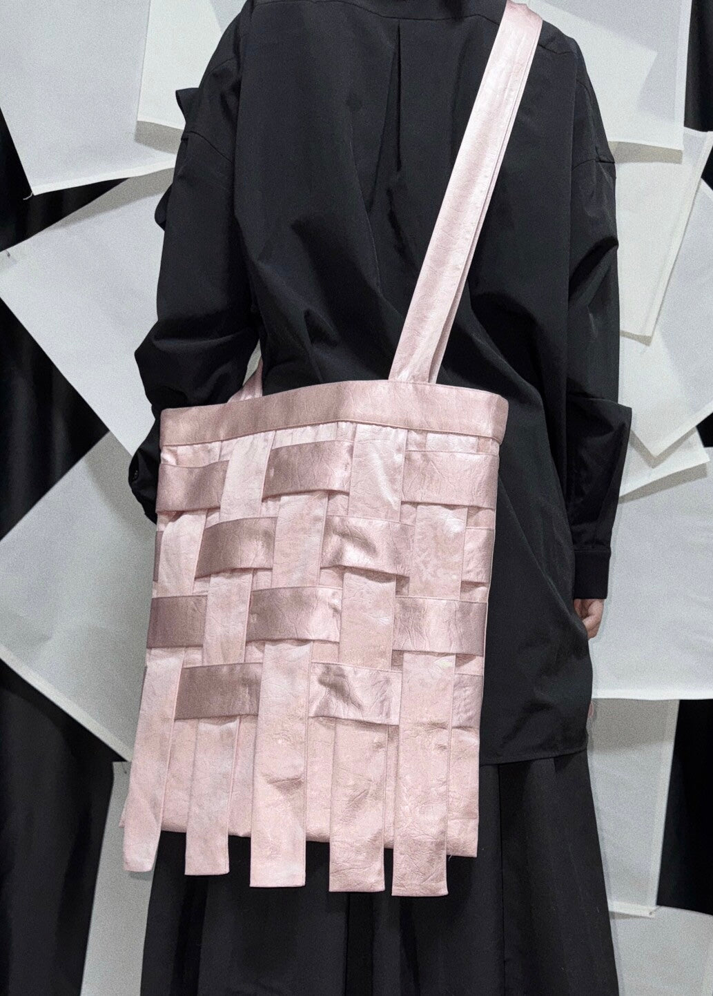 Handmade Pink Black Satin Woven Shoulder Bag