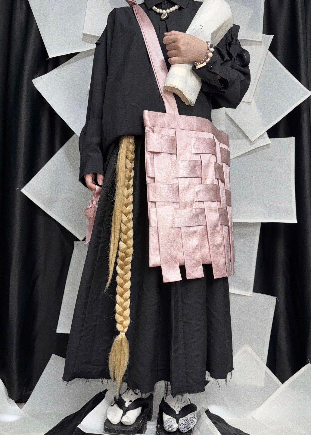 Handmade Pink Black Satin Woven Shoulder Bag