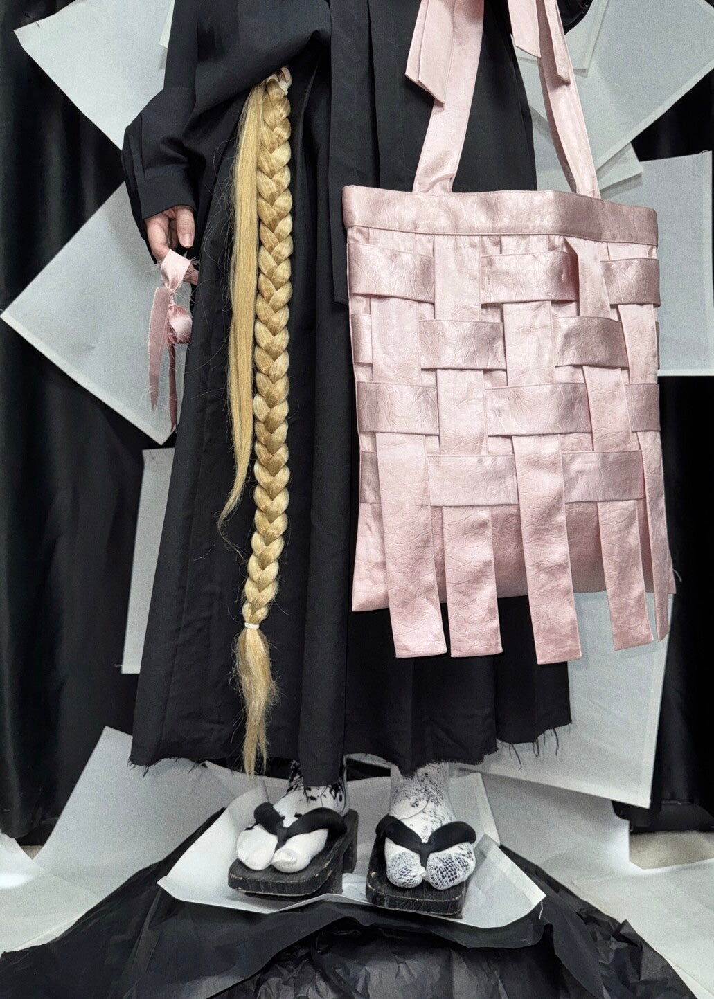 Handmade Pink Black Satin Woven Shoulder Bag