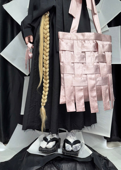 Handmade Pink Black Satin Woven Shoulder Bag