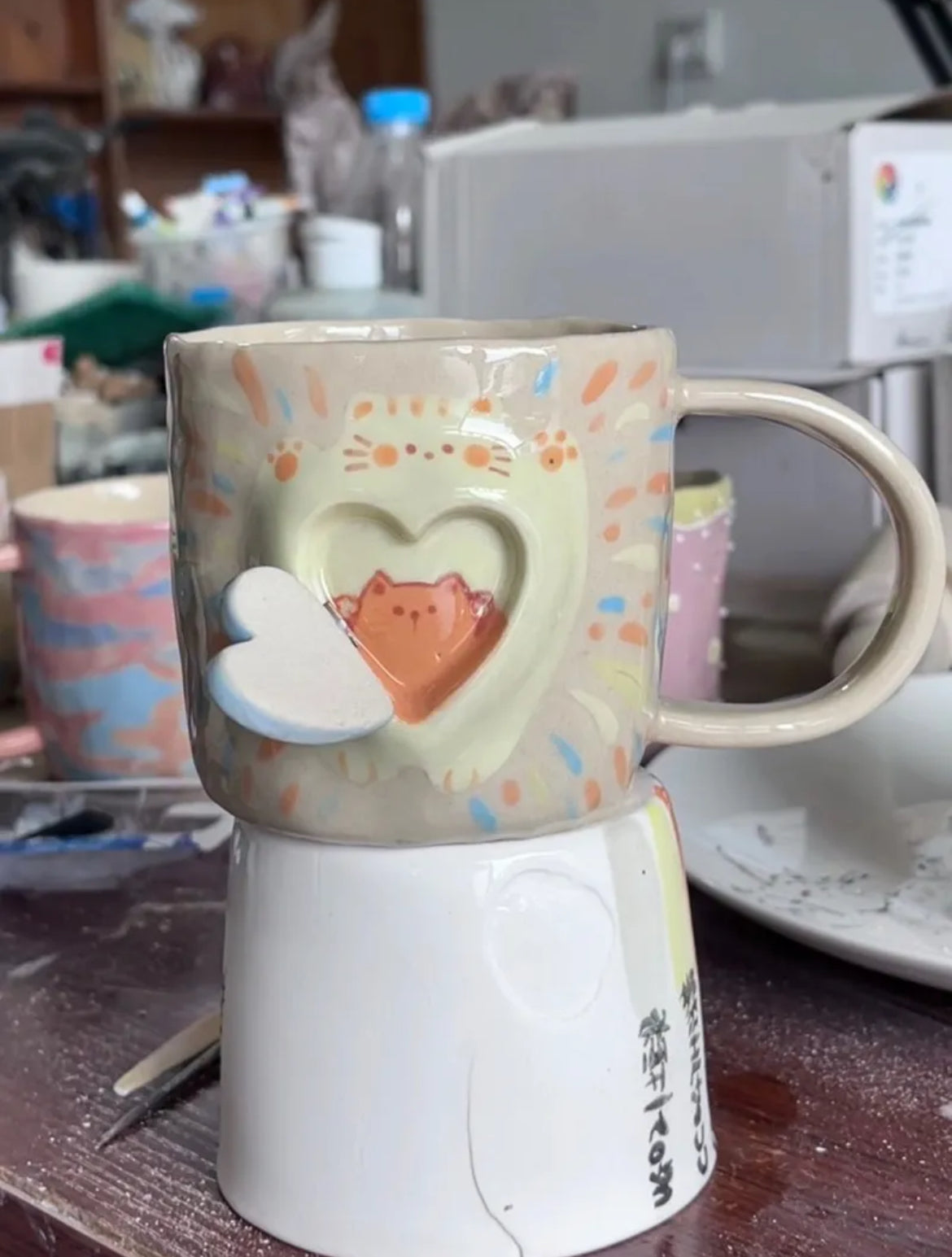 Handmade Surprise Cat's Heart Ceramic Cup