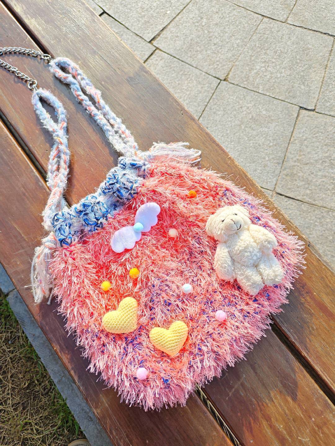 Handwoven Coral Plush Shoulder Bag