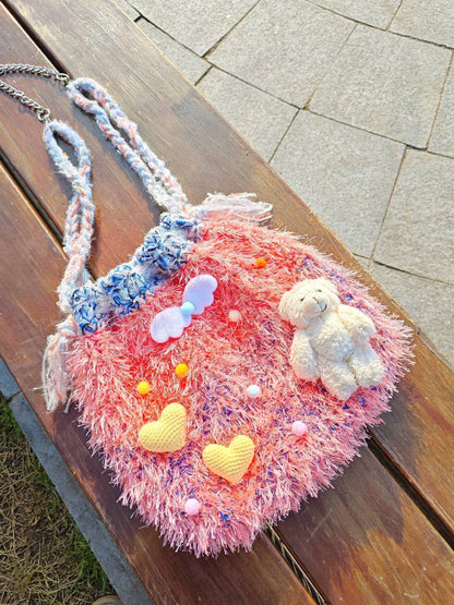Handwoven Coral Plush Shoulder Bag