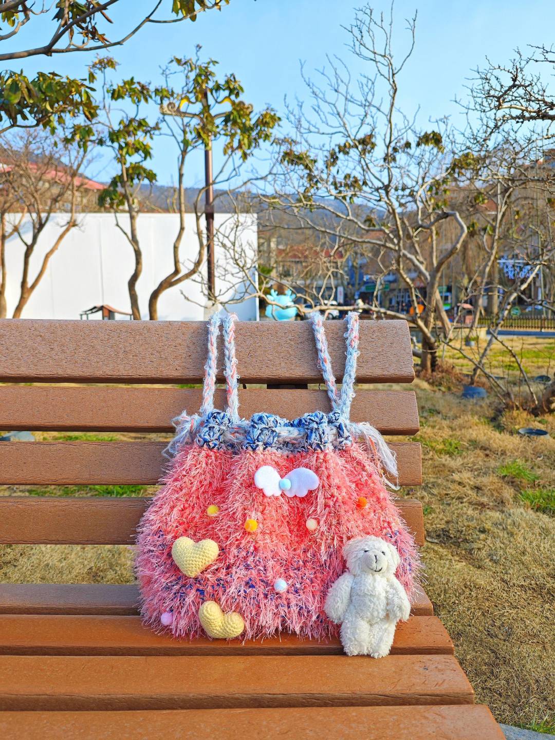 Handwoven Coral Plush Shoulder Bag