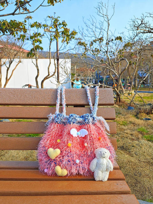 Handwoven Coral Plush Shoulder Bag