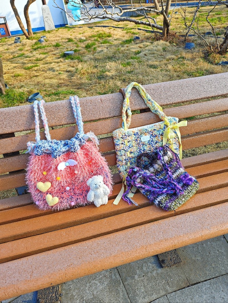 Handwoven Coral Plush Shoulder Bag