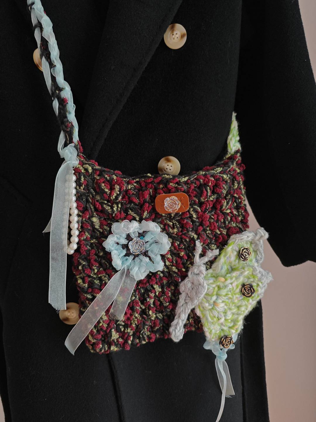 Handwoven Rose Butterfly Crossbody Bag