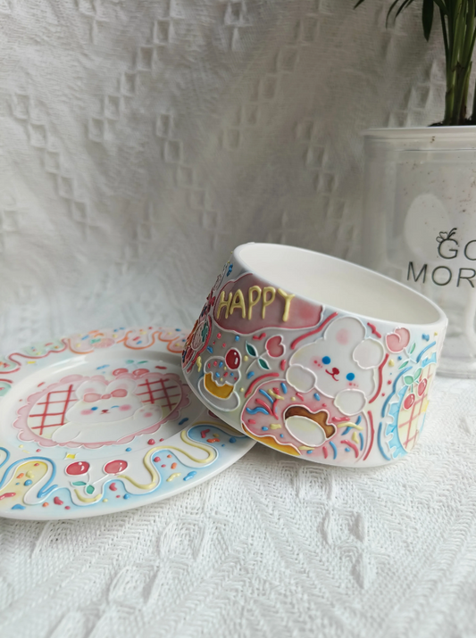 Happy Bunny Underglaze Painting Ceramic Cup Set