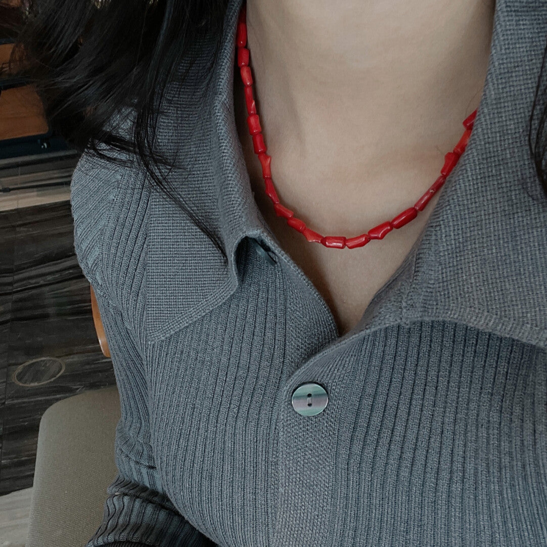 「Chinoiserie」Red Coral 925 Sterling Silver Necklace