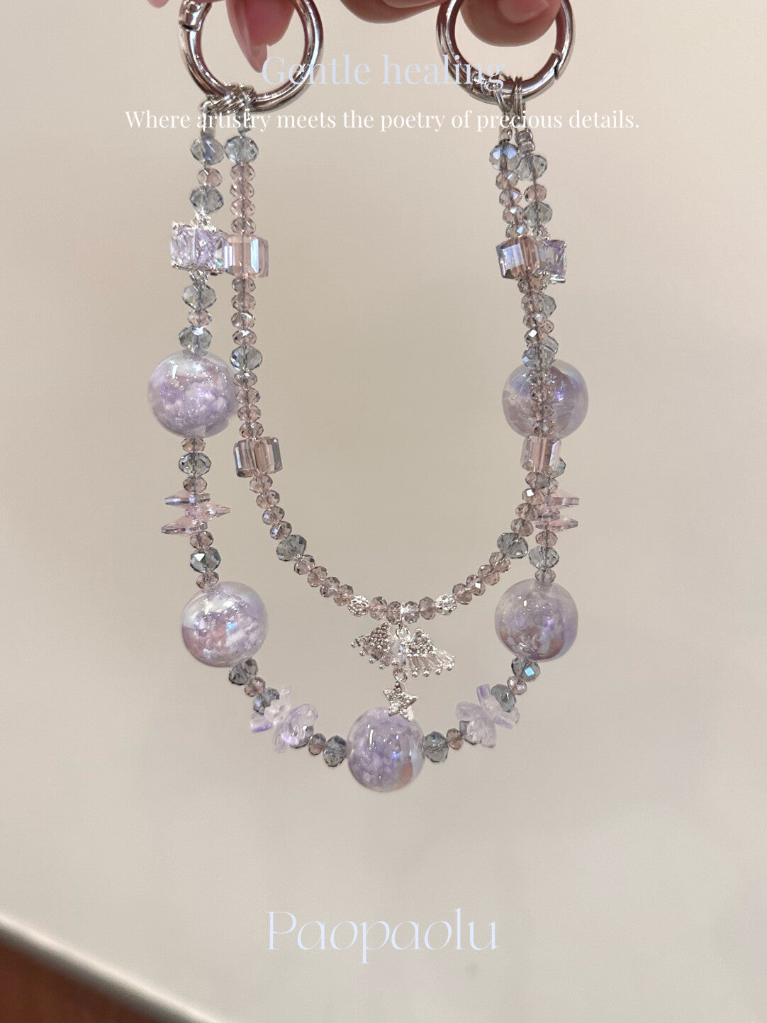 Healing Gray Purple Crystal Beaded Sparkly Phone Charm
