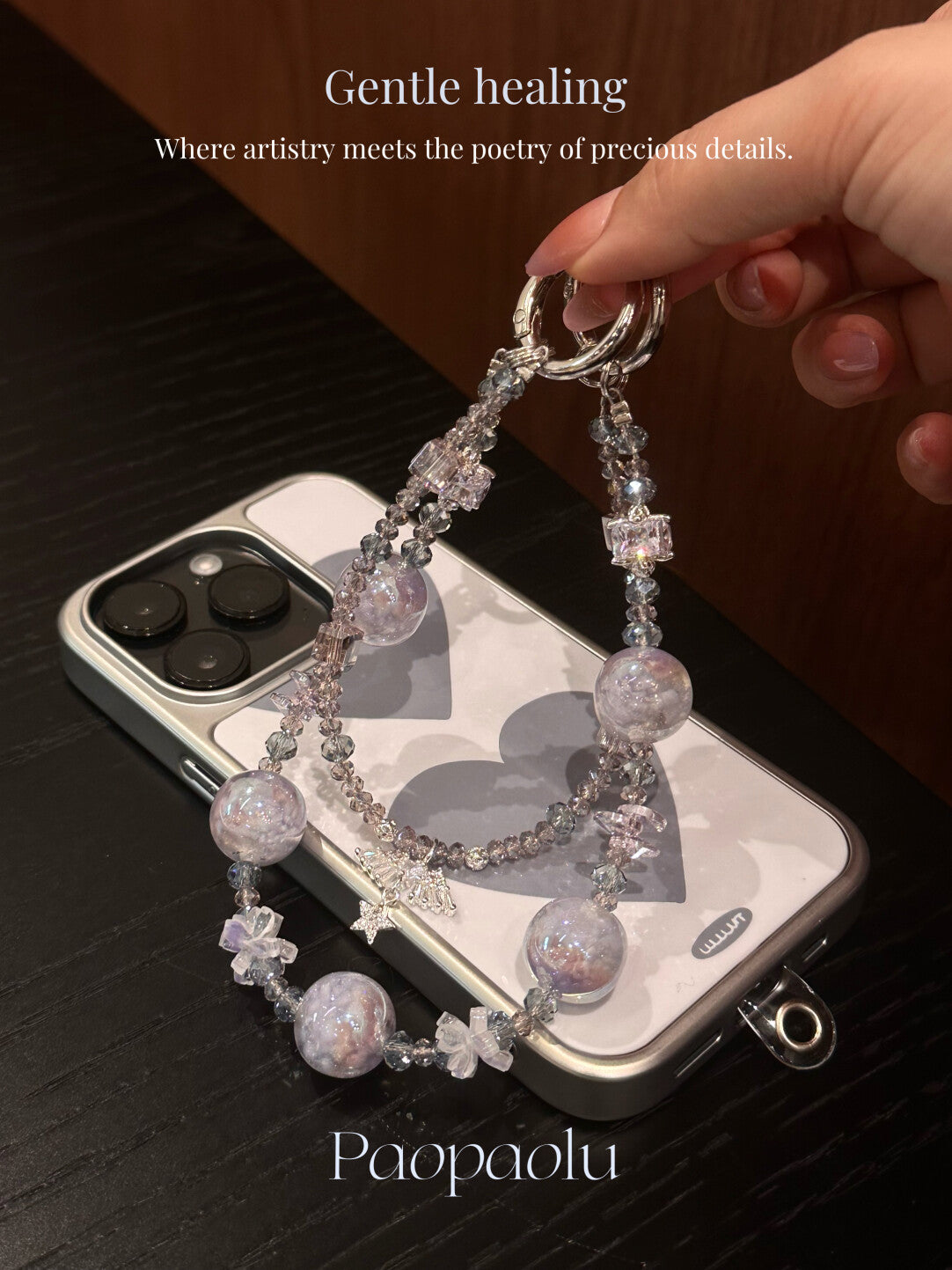 Healing Gray Purple Crystal Beaded Sparkly Phone Charm