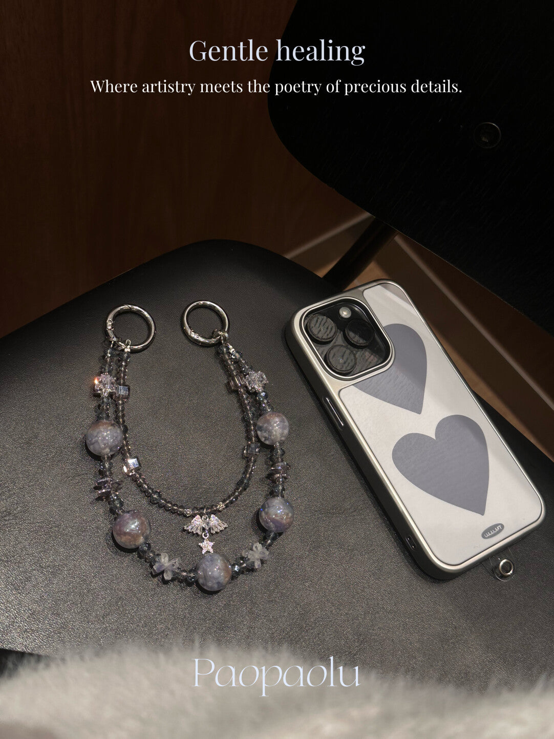 Healing Gray Purple Crystal Beaded Sparkly Phone Charm