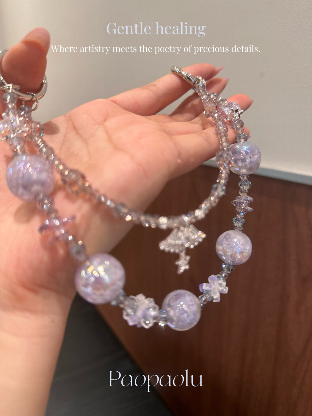 Healing Gray Purple Crystal Beaded Sparkly Phone Charm