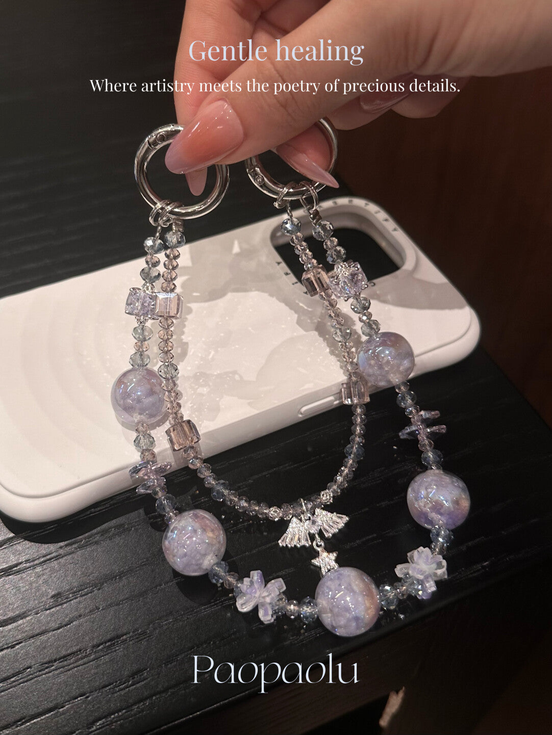 Healing Gray Purple Crystal Beaded Sparkly Phone Charm