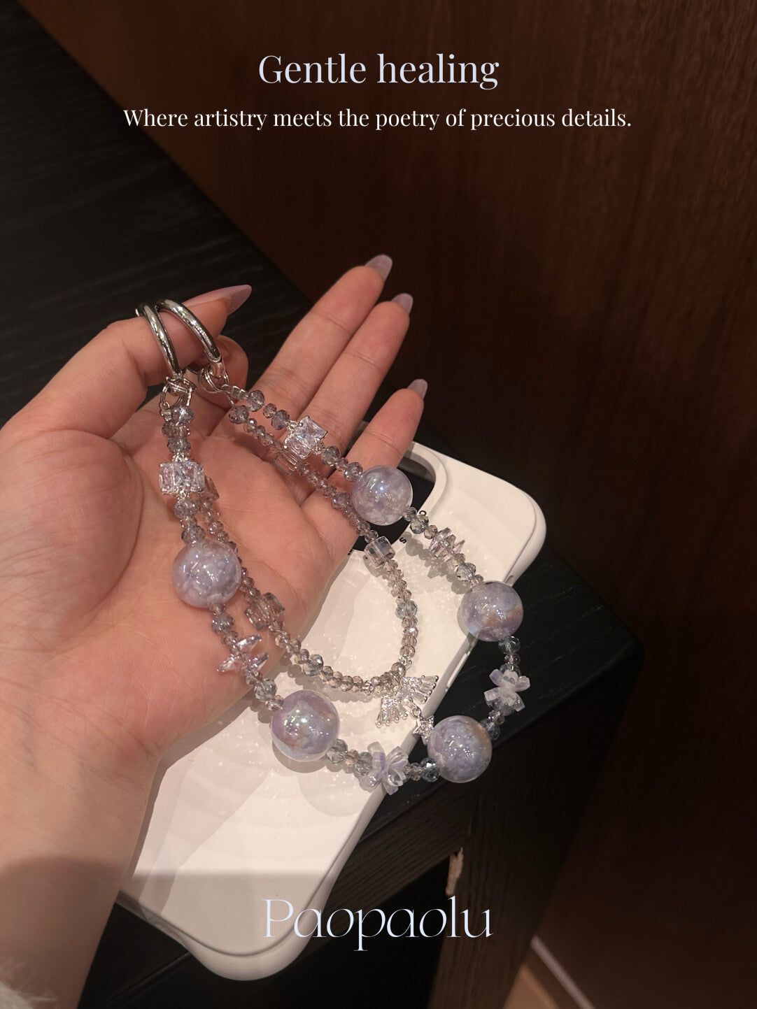 Healing Gray Purple Crystal Beaded Sparkly Phone Charm