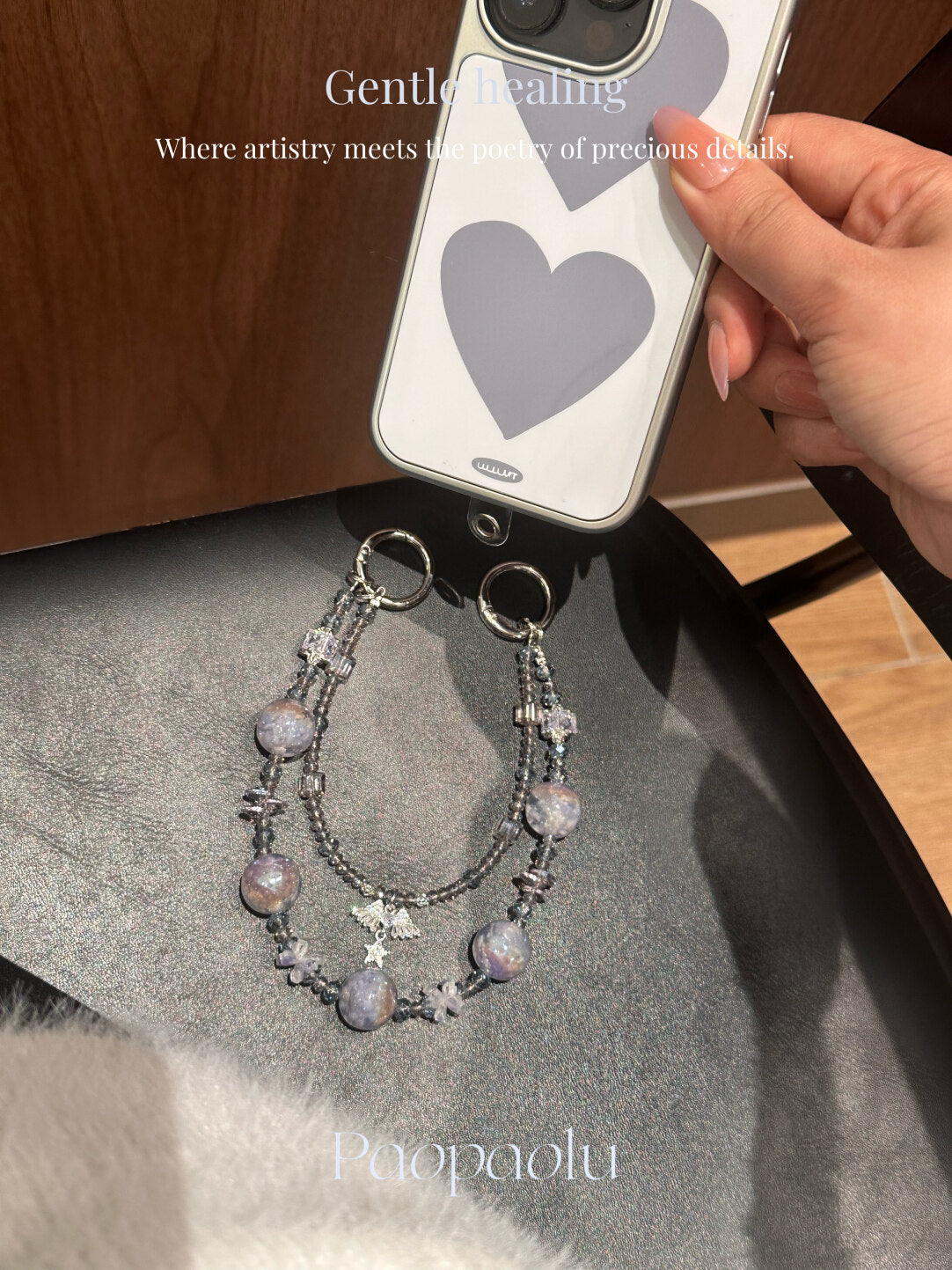 Healing Gray Purple Crystal Beaded Sparkly Phone Charm