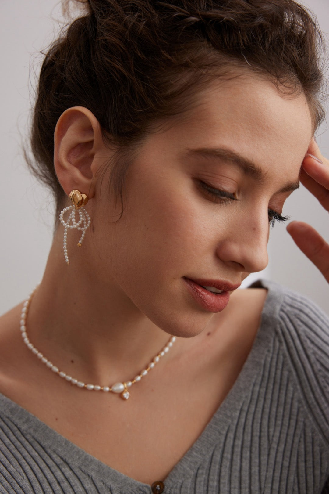 Heart Beaded Bow Pearl Earrings