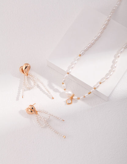 Heart Beaded Bow Pearl Earrings