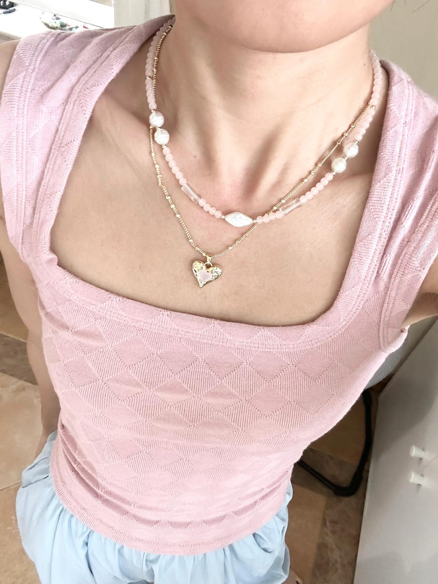 Pink Heart Pendant Layered Necklace