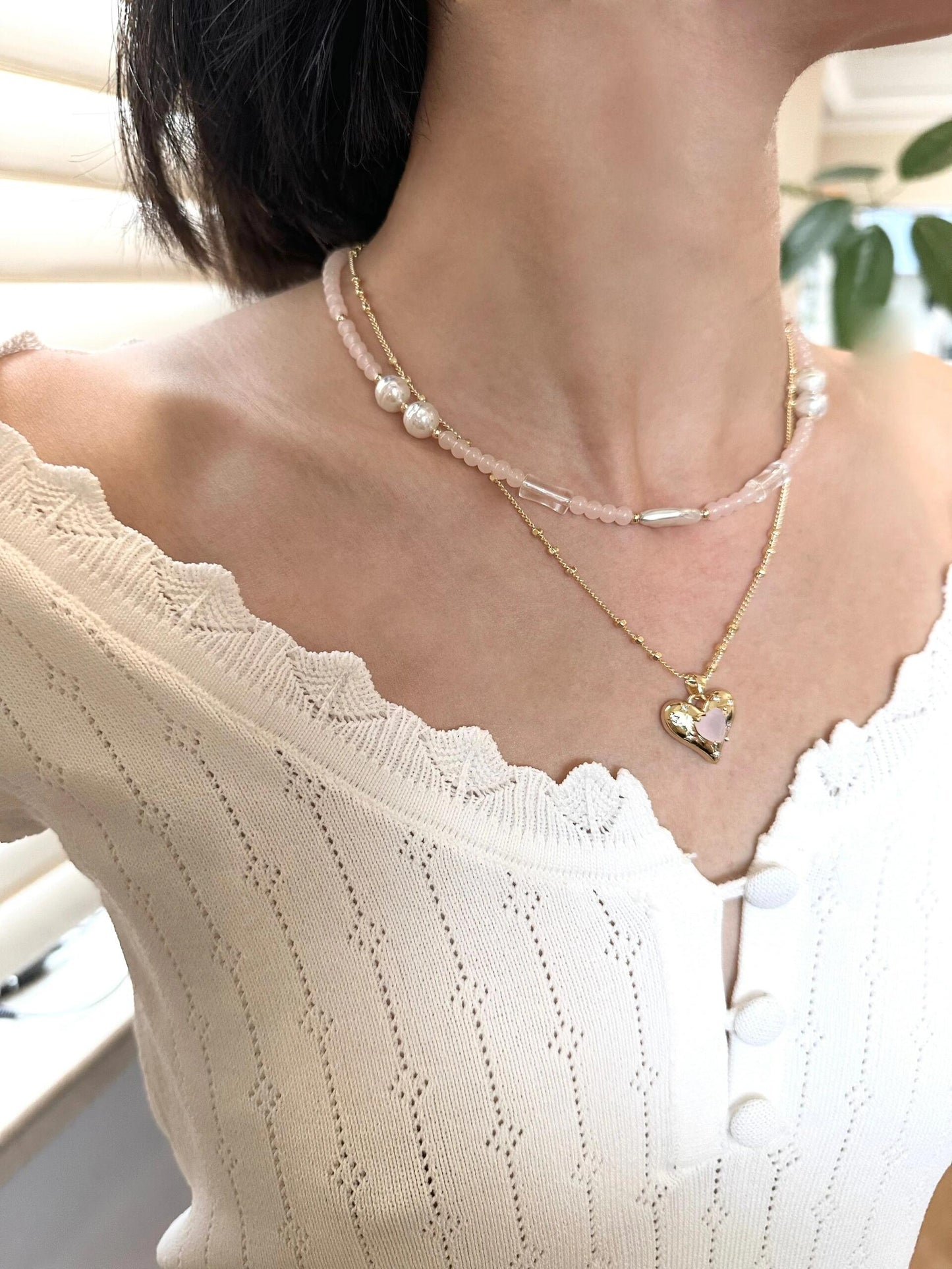 Pink Heart Pendant Layered Necklace