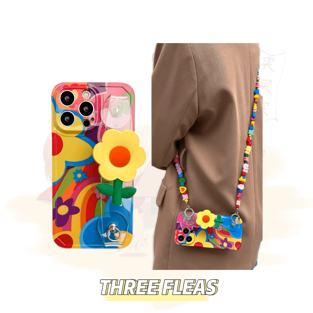 Colorful doodle flowers wooden Crossbody Strap Phone Case | phone accessories | Three Fleas