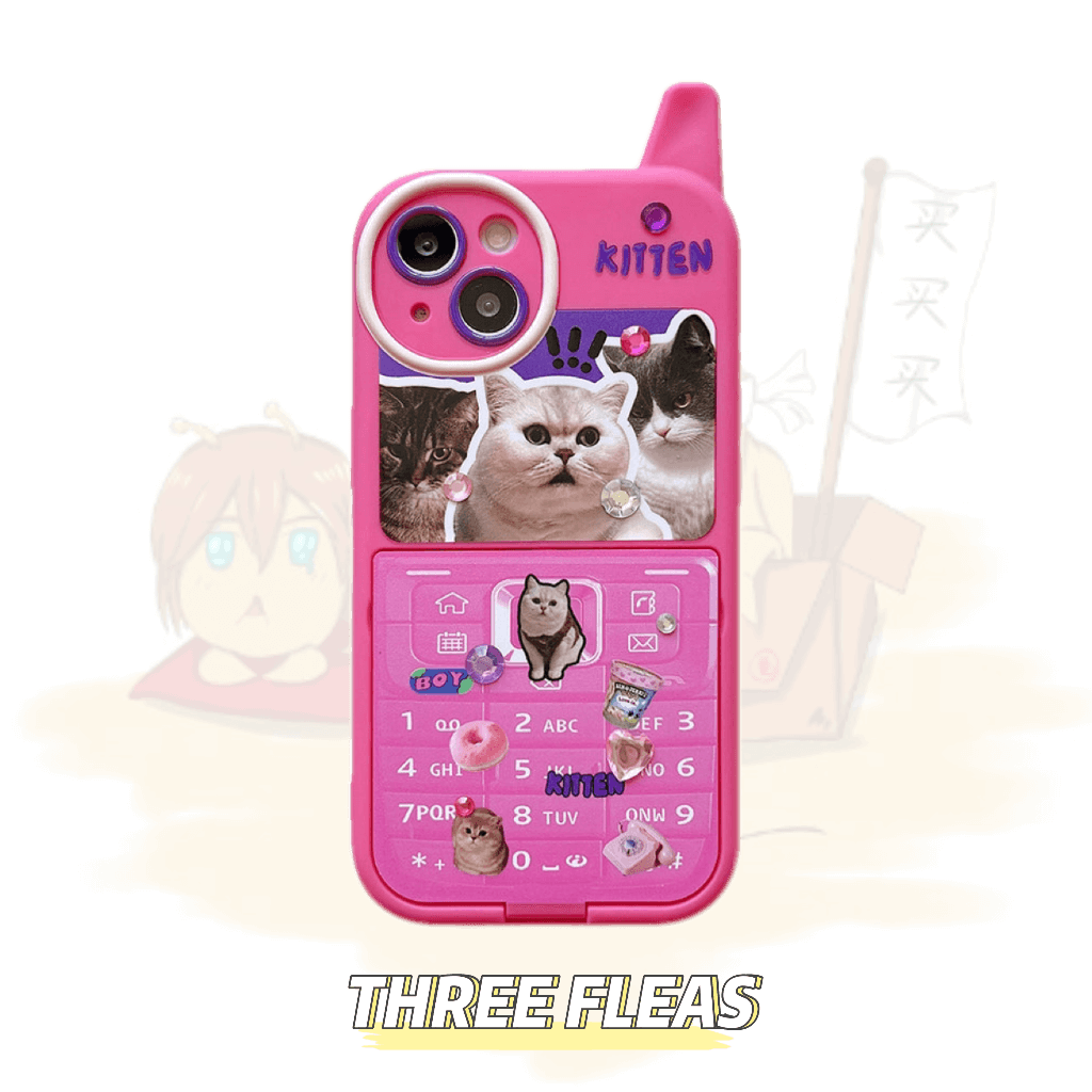 [ Meme Case ] Retro Phone Shape Kitty Puppy Flip Mirror Case | phone accessories | Three Fleas