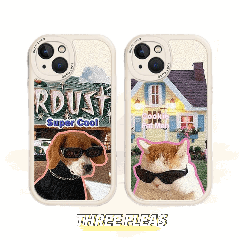 [ Meme Case] Glasses Cat Dog Faux Leather Phone Case | phone accessories | Three Fleas
